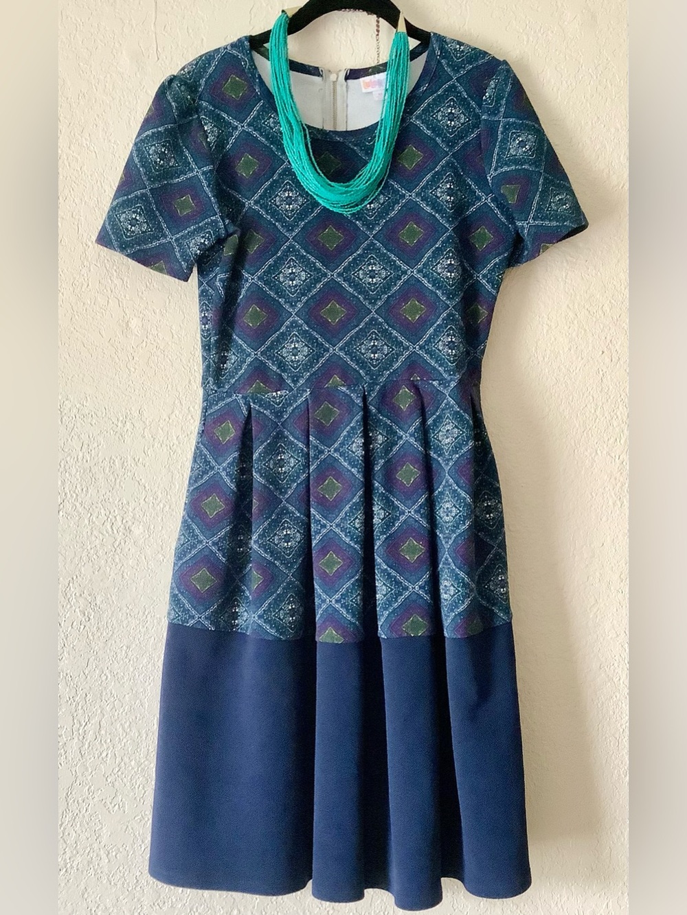 LuLaRoe Navy Blue Green Diamond Print Fit-and-Flare Amelia Dress